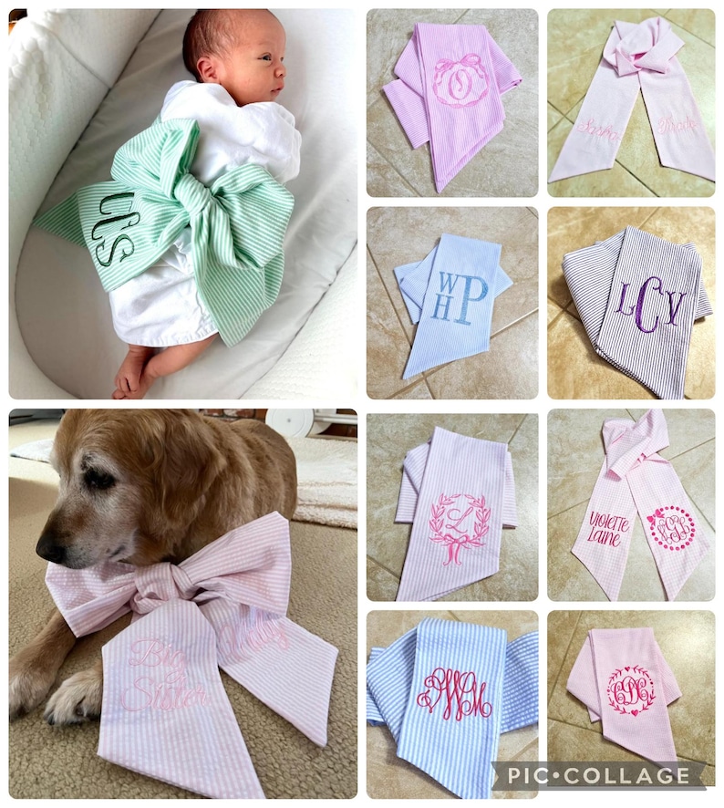 Monogrammed Baby Sash: Embroidered Seersucker Bow, Newborn Photo Prop Swaddle Ribbon Gift Accessory bild 2