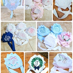 Monogrammed Baby Bonnet: Embroidered Cotton Button Bow Hat Childrens Photo Prop image 5