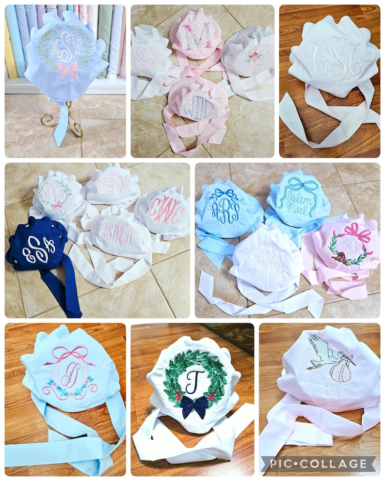 Monogrammed Baby Bonnet: Embroidered Cotton Button Bow Hat Childrens Photo Prop image 5