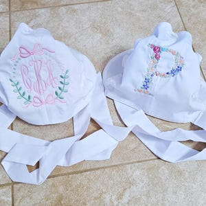 Monogrammed Baby Bonnet: Embroidered Cotton Button Bow Hat Childrens Photo Prop image 12