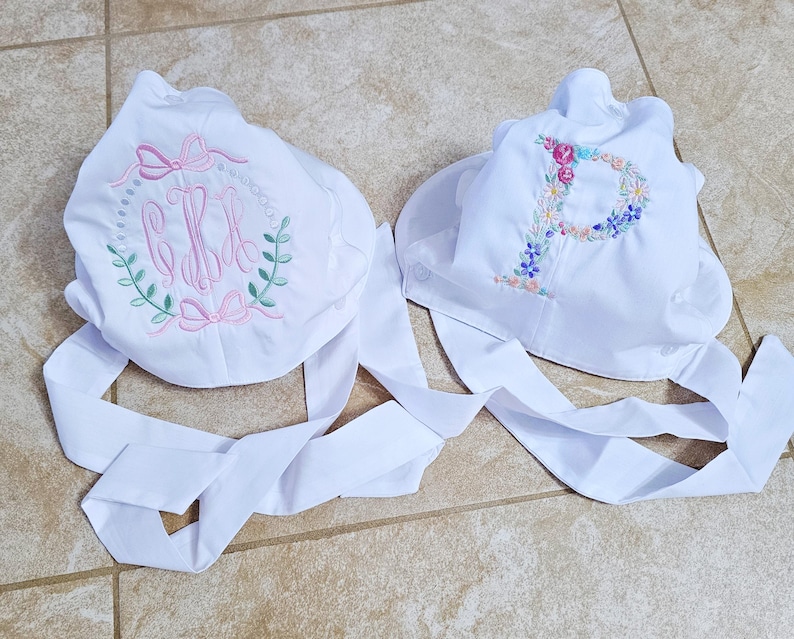 Monogrammed Baby Bonnet: Embroidered Cotton Button Bow Hat Childrens Photo Prop image 12