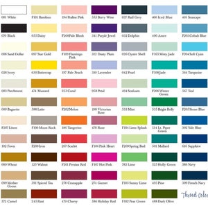 May include: A comprehensive color chart displaying a grid of rectangular swatches, each labeled with a unique numerical code and color name. The palette includes a wide spectrum of shades ranging from neutrals and pastels to vibrant tones.
