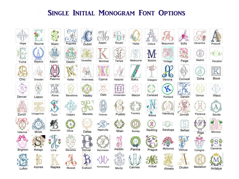 Pode incluir: Um gr&aacute;fico com 100 op&ccedil;&otilde;es diferentes de fontes de monograma, cada uma com um design floral &uacute;nico e um nome de cidade. As fontes est&atilde;o todas em mai&uacute;sculas e est&atilde;o dispostas em uma grade.