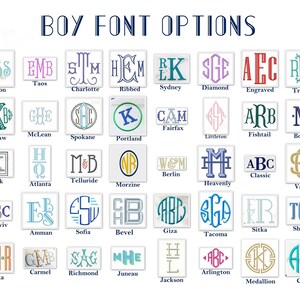 May include: A chart of 36 different monogram font options for boys. Each font is displayed in a square with the name of the font below it. The fonts are in a variety of styles, including script, block, and modern.