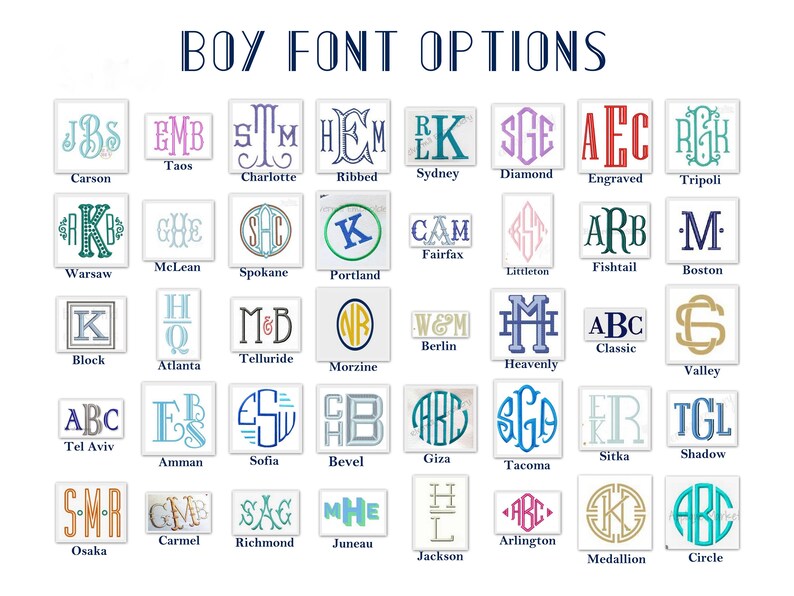 May include: A chart of 36 different monogram font options for boys. Each font is displayed in a square with the name of the font below it. The fonts are in a variety of styles, including script, block, and modern.