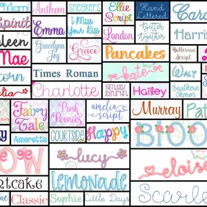 May include: A collage of various embroidered text designs in different fonts and colors. The words include names like "Caroline", "Hailey", and "Scarlett", as well as phrases like "Happy" and "Bloom".