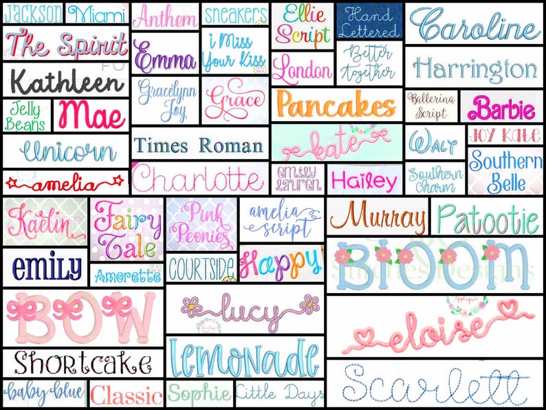 May include: A collage of various embroidered text designs in different fonts and colors. The words include names like "Caroline", "Hailey", and "Scarlett", as well as phrases like "Happy" and "Bloom".
