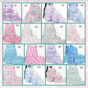 May include: A collection of sixteen sets of school bags, each featuring a backpack, a lunch bag, and a pencil case. The designs include iridescent, floral, butterfly, strawberry, checkered, and geometric patterns in various pastel and bright colors.