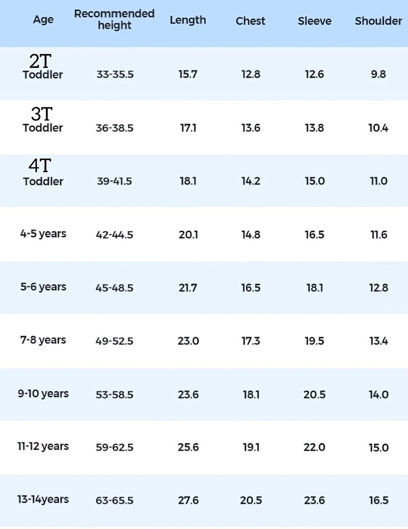 May include: A chart showing recommended clothing sizes for toddlers and children. The chart includes age, recommended height in inches, length, chest, sleeve, and shoulder measurements in inches.