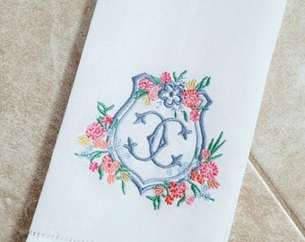 Monogrammed Linen Hand Towel Set: Embroidered Hemstitch Cotton Custom Wedding Accessory