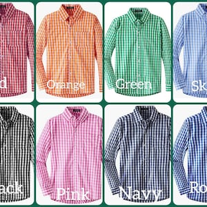 May include: Eight long-sleeved shirts in various colors and gingham patterns. The colors are red, orange, green, sky blue, black, pink, navy blue, and royal blue.