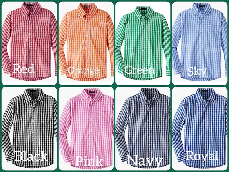 May include: Eight long-sleeved shirts in various colors and gingham patterns. The colors are red, orange, green, sky blue, black, pink, navy blue, and royal blue.