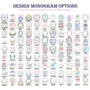 Pode incluir: Um gr&aacute;fico de 100 designs de monogramas diferentes com v&aacute;rias molduras florais e geom&eacute;tricas. Cada design apresenta um nome diferente e um monograma das tr&ecirc;s primeiras letras do nome. Os nomes est&atilde;o em ordem alfab&eacute;tica.