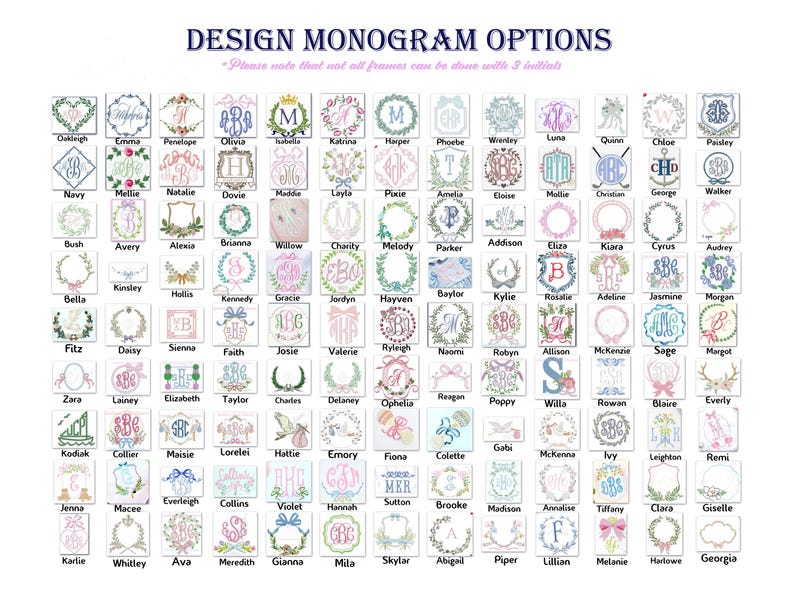 Pode incluir: Um gr&aacute;fico de 100 designs de monogramas diferentes com v&aacute;rias molduras florais e geom&eacute;tricas. Cada design apresenta um nome diferente e um monograma das tr&ecirc;s primeiras letras do nome. Os nomes est&atilde;o em ordem alfab&eacute;tica.