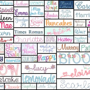 Pode incluir: Uma colagem de estilos de fonte bordados coloridos para nomes, incluindo "The Spirit", "Emma", "Kathleen", "Mae", "Unicorn", "Amelia", "Kaitlin", "Fairy Tale", "Emily", "Bow", "Shortcake", "Baby Blue", "Classic", "Sophie", "Little Days", "Ellie Script", "Hand Lettered", "Caroline", "Harrington", "Ballerina Script", "Barbie", "Times Roman", "Charlotte", "Pink Peonies", "Amelia Script", "Murray", "Patootie", "Happy", "Bloom", "Lucy", "Lemonade", "Eloise", "Scarlett", "Better Together", "Walt", "Joy Kale", "Southern Charm", "Southern Belle", "I Miss Your Kiss", "London", "Pancakes", "Kate", "Omley Lauren", "Hailey", "Courtsde", "Sneakers", "Anthem", "Jackson", "Miami".