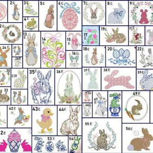 May include: A collection of embroidered Easter-themed designs. The image features various bunny and egg motifs, floral wreaths, and decorative elements in pastel colors. These designs are suitable for embroidery projects.