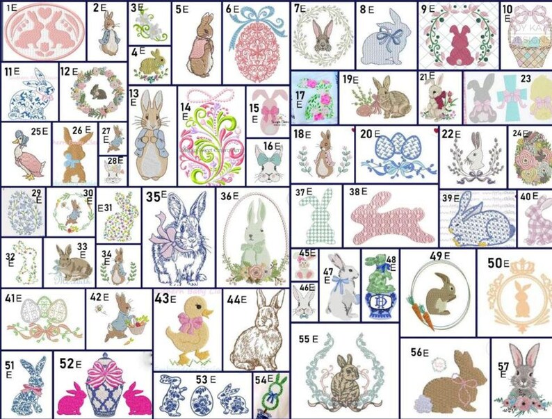 May include: A collection of embroidered Easter-themed designs. The image features various bunny and egg motifs, floral wreaths, and decorative elements in pastel colors. These designs are suitable for embroidery projects.
