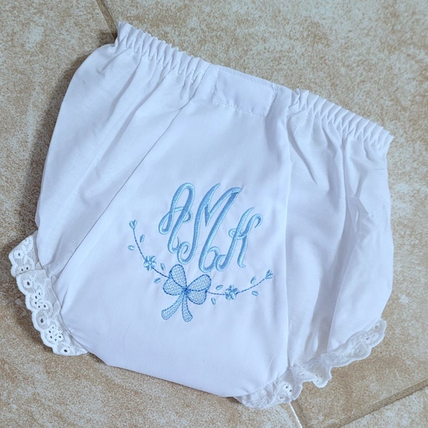 Monogrammed Bloomers Embroidered Diaper Cover White Eyelet Bloomers Diaper Cover Vintage Bow Design Bloomers Little Girls Panty Pretty