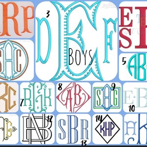 May include: A collection of monogram designs in various styles and colors. The image includes examples of embroidered initials, with the word "BOYS" also displayed. The designs are suitable for personalization.