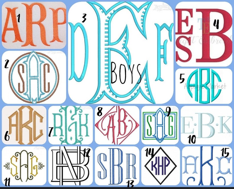 May include: A collection of monogram designs in various styles and colors. The image includes examples of embroidered initials, with the word "BOYS" also displayed. The designs are suitable for personalization.