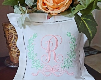Monogrammed Linen Baby Pillow: Embroidered Ring Bearer Wedding Pillow Hemstitch