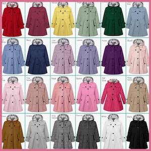 May include: A grid of women's hooded trench coats in various colors, including red, yellow, navy, purple, and pink. Each coat features a button-down front, a flared skirt, and a plaid-lined hood. The coats are displayed against a colorful background.