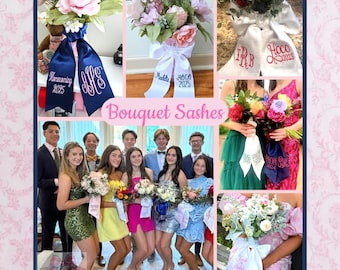 Monogrammed Bouquet Sash: Silk Ribbon Prom Homecoming Wedding Embroidered Bow