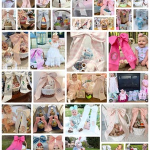 May include: A collage of Easter-themed gift baskets and accessories. The baskets are decorated with large bows in various colors, including pink, blue, and white. Some baskets contain stuffed animals and other gifts. The image has a soft, pastel color palette.