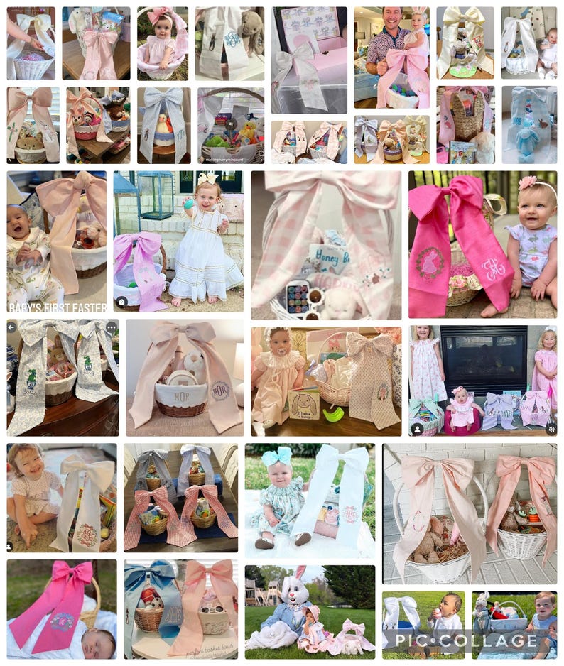 May include: A collage of Easter-themed gift baskets and accessories. The baskets are decorated with large bows in various colors, including pink, blue, and white. Some baskets contain stuffed animals and other gifts. The image has a soft, pastel color palette.