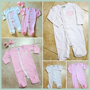Coming Home Outfit Monogrammed Footie Newborn Bundle Ruffle Bib Burp Cloth Hat Headband Bow image 1