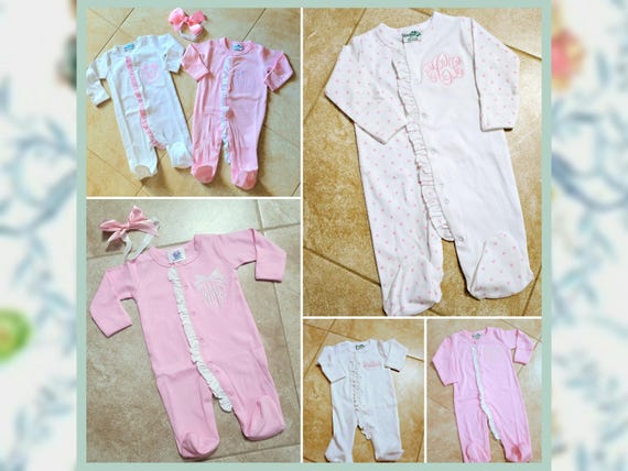 Coming Home Outfit Monogrammed Footie Newborn Bundle Ruffle Bib Burp Cloth Hat Headband Bow