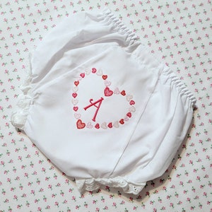 Monogrammed Valentine Bloomers White Eyelet Bloomer Diaper Cover Personalized Baby Heart Diaper Cover Baby Gift Little Girl Bloomers