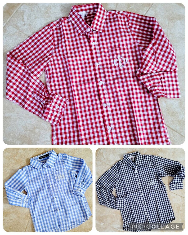 May include: Three long-sleeved button-down shirts in different colors and patterns. The first shirt is red and white gingham, the second is blue and white gingham, and the third is black and white gingham. Each shirt has a pocket on the left chest with a monogram.