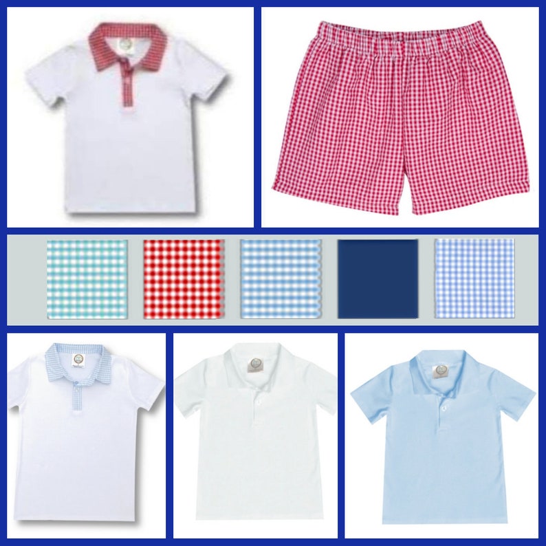 May include: A collection of children's clothing items, including white polo shirts with colored trim and red gingham shorts. The image also features fabric swatches in various colors and patterns, such as blue and red gingham.