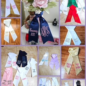 May include: A collage of satin sashes in various colors, embroidered with text and monograms. The sashes include the text "Homecoming 2025", "HOCO 2025", and names. Colors include white, pink, blue, green, and gold.