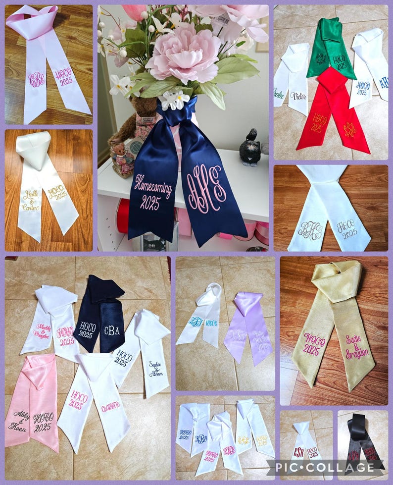 May include: A collage of satin sashes in various colors, embroidered with text and monograms. The sashes include the text "Homecoming 2025", "HOCO 2025", and names. Colors include white, pink, blue, green, and gold.