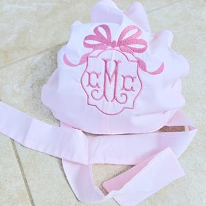 Monogrammed Baby Bonnet: Embroidered Cotton Button Bow Hat Childrens Photo Prop image 4