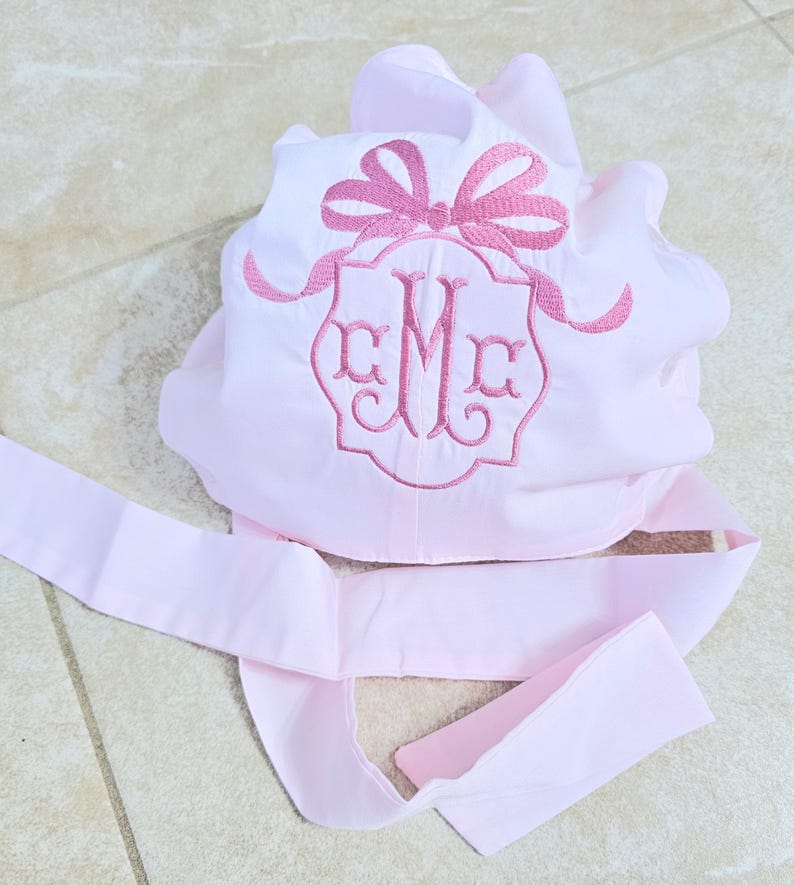 Monogrammed Baby Bonnet: Embroidered Cotton Button Bow Hat Childrens Photo Prop image 4