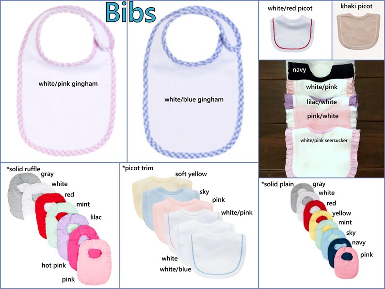 May include: A collection of baby bibs featuring various styles including white with pink or blue gingham trim, solid ruffles in multiple colors, picot trim options, and solid plain designs in shades like gray, white, red, yellow, mint, sky, navy, and pink.