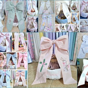May include: A collage of decorative bows, some with embroidered details. The bows are in various colors, including pink, blue, and white, and are often paired with baskets. Some bows feature a cross or a bunny design. The bows are often used for baby gifts.