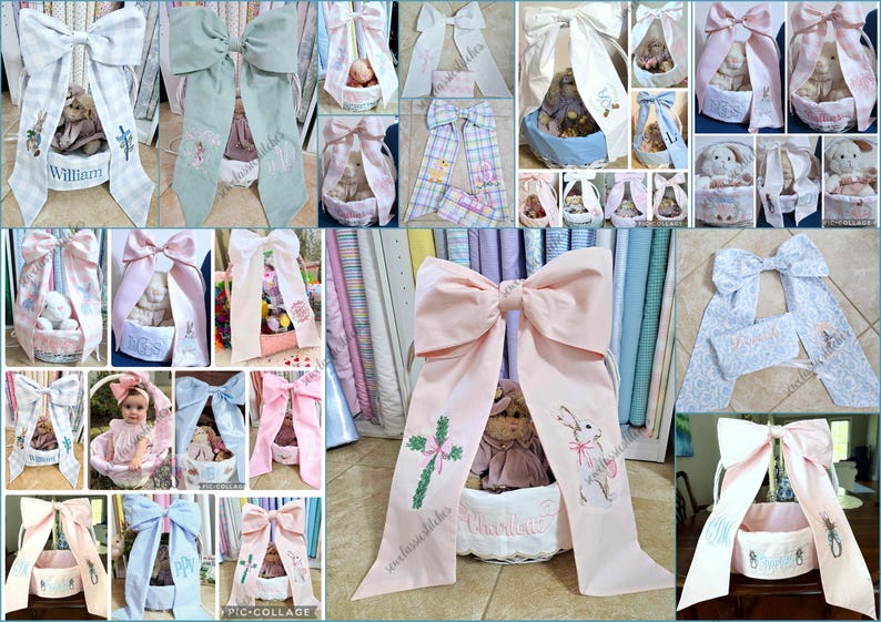 May include: A collage of decorative bows, some with embroidered details. The bows are in various colors, including pink, blue, and white, and are often paired with baskets. Some bows feature a cross or a bunny design. The bows are often used for baby gifts.