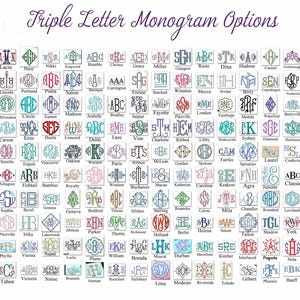 May include: A grid of monogram options, each featuring three intertwined letters within a decorative frame. The image showcases various fonts and styles, with names like 'Avalon' and 'Nice' displayed above each design. The text 'Triple Letter Monogram Options' is at the top.