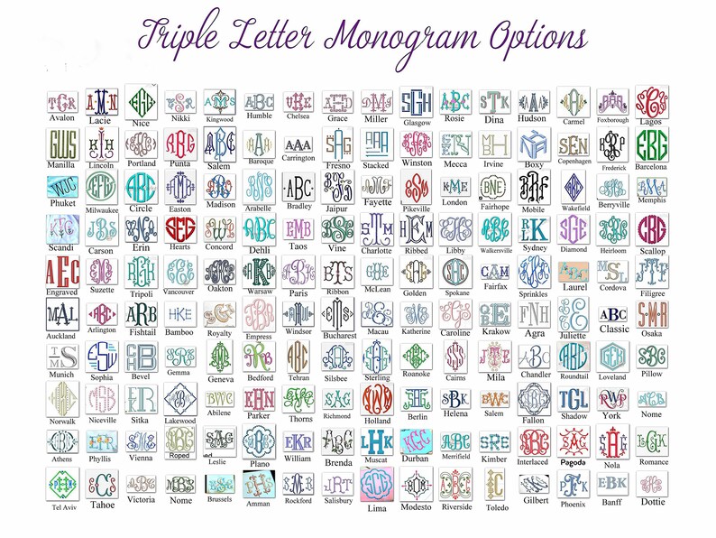 May include: A grid of monogram options, each featuring three intertwined letters within a decorative frame. The image showcases various fonts and styles, with names like 'Avalon' and 'Nice' displayed above each design. The text 'Triple Letter Monogram Options' is at the top.