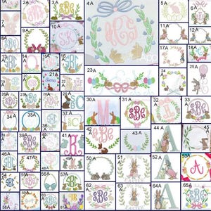 May include: A collection of Easter-themed embroidery designs. The designs include monograms, wreaths, bunnies, and Easter eggs. The color palette features pastel shades of pink, blue, green, and yellow. These designs are suitable for various craft projects.