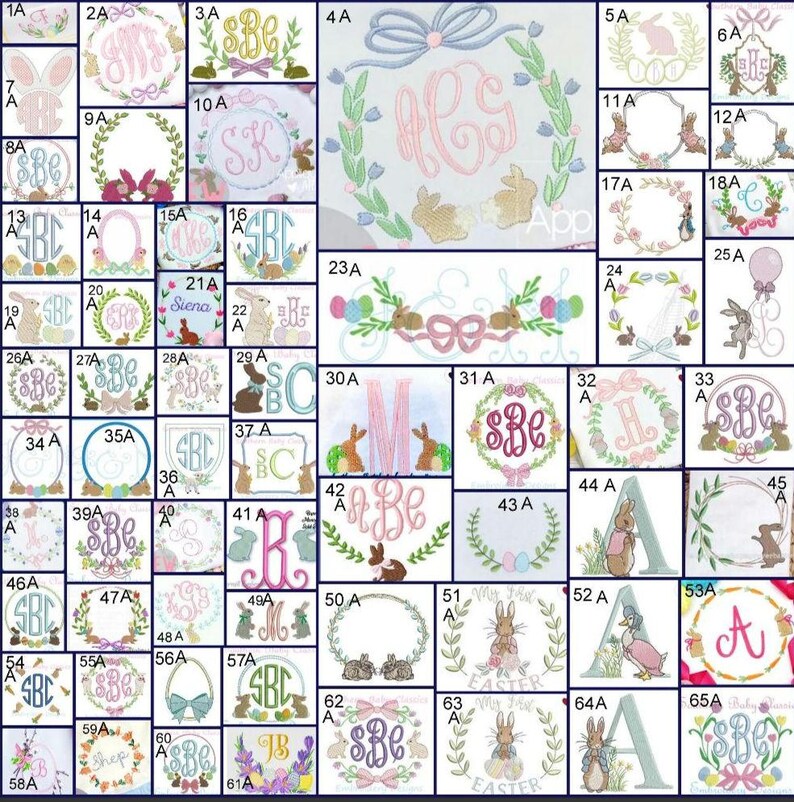 May include: A collection of Easter-themed embroidery designs. The designs include monograms, wreaths, bunnies, and Easter eggs. The color palette features pastel shades of pink, blue, green, and yellow. These designs are suitable for various craft projects.