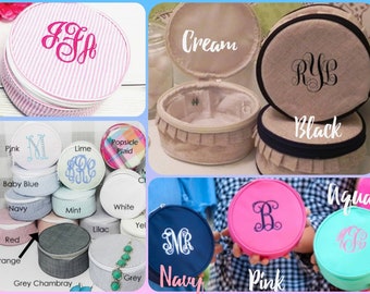 Monogrammed Jewelry Case: Personalized Seersucker Round Storage Bag