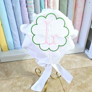 Monogrammed Baby Bonnet: Embroidered Cotton Button Bow Hat Childrens Photo Prop image 8