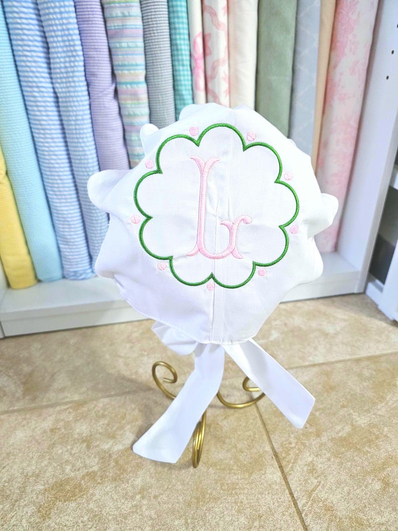 Monogrammed Baby Bonnet: Embroidered Cotton Button Bow Hat Childrens Photo Prop image 8