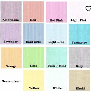 Pode incluir: Uma carta de cores que mostra 14 cores diferentes de tecido de seersucker. As cores s&atilde;o: Americana, Vermelho, Rosa quente, Rosa claro, Lavanda, Azul escuro, Azul claro, Turquesa, Laranja, Lima, Palma/Menta, Cinza, Seersucker, Amarelo, Branco e Caqui.