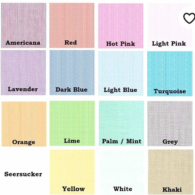 Pode incluir: Uma carta de cores que mostra 14 cores diferentes de tecido de seersucker. As cores s&atilde;o: Americana, Vermelho, Rosa quente, Rosa claro, Lavanda, Azul escuro, Azul claro, Turquesa, Laranja, Lima, Palma/Menta, Cinza, Seersucker, Amarelo, Branco e Caqui.